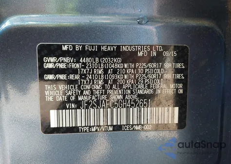 2016 Subaru Forester 2.5I Premium from USA, damaged, VIN JF2SJAFC5GH452651